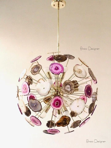 1950 BRASS PINK AGATESTONE URCHIN SPUTNIK STILNOVO ITALIAN CEILING PENDANT LIGT Cover