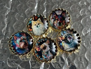 Set 5 20mm Glass Cabochon Metal Gold Tone Shank Back Buttons Dogs Canine - Picture 1 of 1