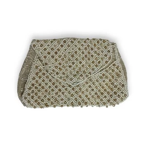 Vintage Beaded Belt Bag Clutch Snap Close Ivory Hand Made In France Lattice - Picture 1 of 7