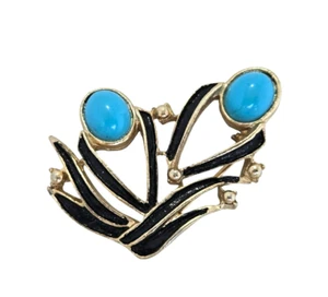 Vintage Gold Tone Black Enamel and Turquoise Cabochon Brooch - Picture 1 of 4