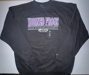 TCU Sweater Men’s XL Vintage Y2K Horned Frogs Pullover Black Purple Spellout NEW - Picture 1 of 7