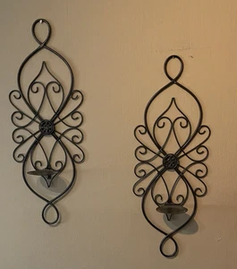 Set of 2 Pillar Candle Holder Sconces Wall Black Metal 27 Inches Tall Home Decor - Picture 1 of 8