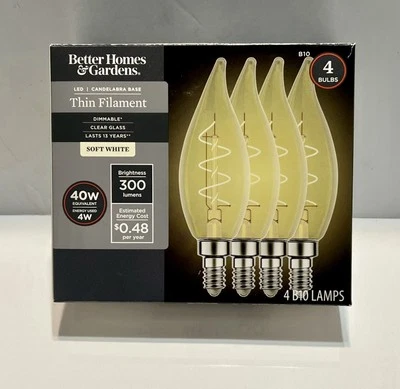 4 Pk. Better Homes & Gardens LED Candlebra Base Thin Filament Bulbs 40W B10 - Image 1 of 4
