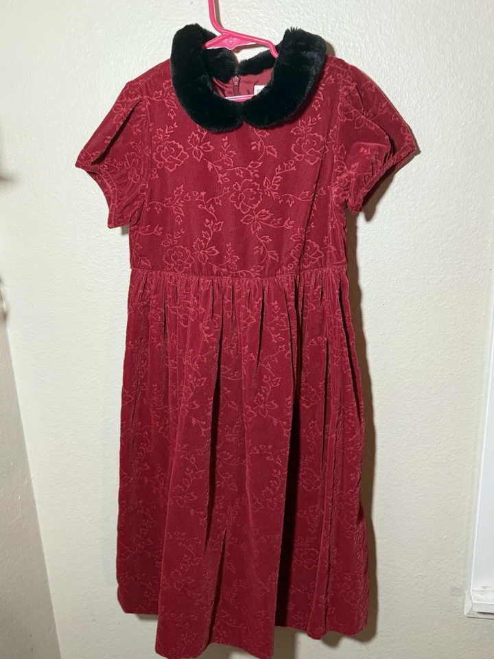 Gymboree Girls Red Crushed Velvet Dress with Faux-Fur Peter Pan Collar 3XL  8yrs - Image 1 of 4