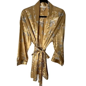 Vintage Victoria's Secret Gold Blumen Satin Langarm Kimono Morgenmantel OS Y2K Retro - Bild 1 von 8