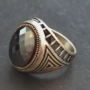 Vintage Men's Ring Black Tourmaline Retro Silver 925 Art Deco Revival 10.5 Spark - Picture 1 of 19