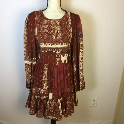 NWOT Flying Tomato Smock Dress Sz L Woman Burgundy Patchwork Cowgirl Long Sleeve - Image 1 of 4