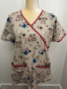 UA Scrubs Fall Deer Leaves Owl Mushrooms Uniform Scrub Nurse Medical Top Medium - Picture 1 of 12