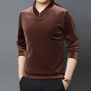 Men Velvet Shirt Warm Fleece Lined Tops Tee T-shirt Pullover Blouse V Neck 