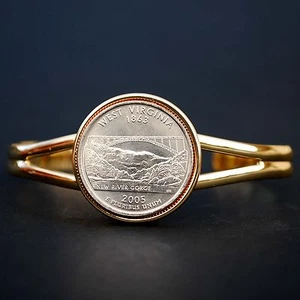 US 2005 West Virginia State Quarter Coin Gold Plated Cuff Bracelet - Beautiful - Picture 1 of 5