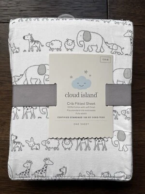 NEW Cloud Island Neutral Safari Animals White Gray Fitted Crib Sheet - Image 1 of 3