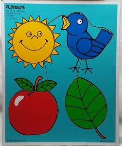 Rompecabezas Playskool 1985 madera/madera manzana pájaro sol 180-03 colores que veo de colección - Imagen 1 de 11