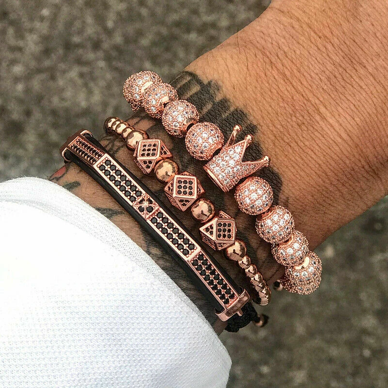 Moda Hombres Oro Pavé Circonita cúbica Corona Rey Micro Cuentas Trenzado Pulsera Conjunto Joyería Foto 1 de 4