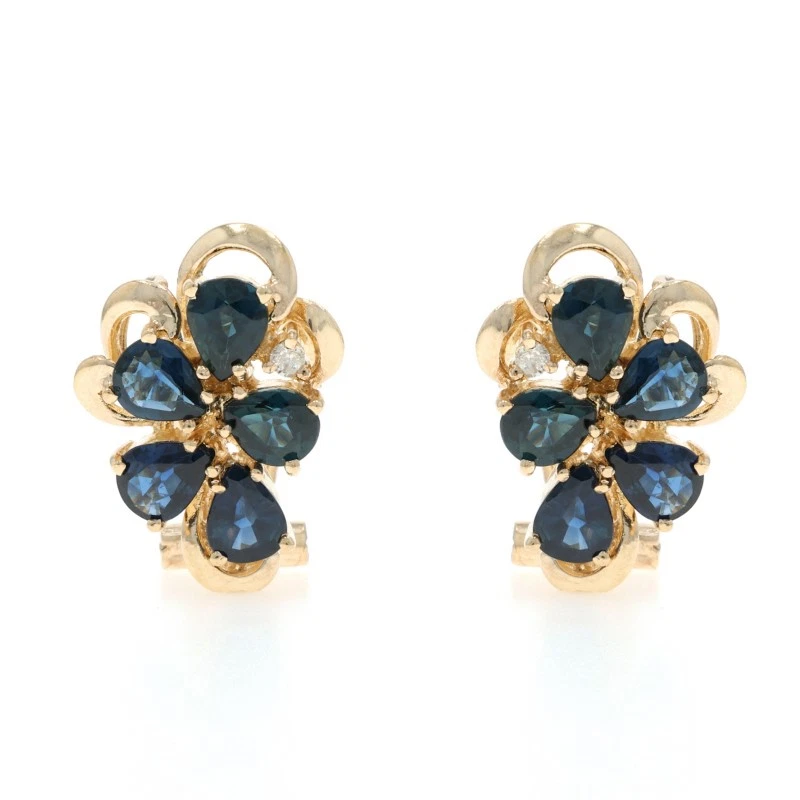 Aretes con racimo de diamantes y zafiro de oro amarillo - 14 k pera perforada 4,04 ctw Foto 1 de 4