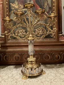 Messing Kirche Kerzenhalter Stableuchter mit Onyx aus katholischer Kirche 20,75" B - Bild 1 von 14