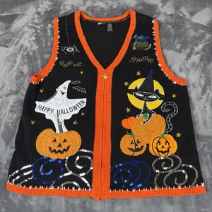 Vintage Holiday Editions Halloween Pullover Weste Gr. 1X Kürbis Geist bestickt - Bild 1 von 7