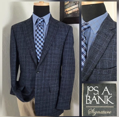 Jos A Bank Signature Blazer 40L Blue Plaid Linen Wool Silk Sport Coat Jacket - Image 1 of 4