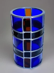Vintage Hand Made Stained Art Glass Candle Holder, Blue and Orange, 4-1/8" - Foto 1 di 8