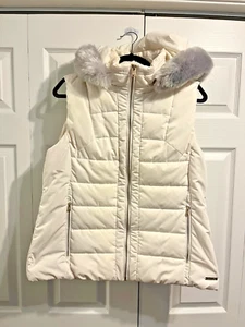 Calvin Klein-Performance Puffer Vest-White Large Zip w/ Gray Faux Fur Trim Hood - Picture 1 of 15