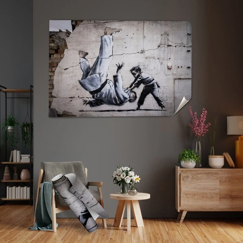 Banksy Judoka, Banksy War Canvas, Sports War Art, Judoka Graffiti Art,  Banksy - Image 1 of 4