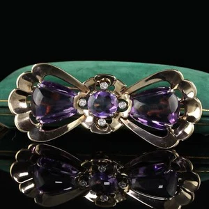 Vintage Retro Tiffany and Co Carved Amethyst and Diamond Bow Pin Brooch - Picture 1 of 6