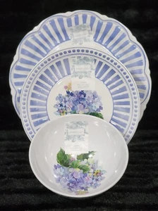 3pc Shabby Chic Floral Hydrangea Blue White Melamine Plates & Bowl Spring Summer - Picture 1 of 17