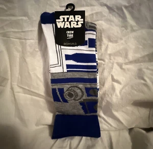 Disney R2 D2 Men's Socks Size 10-13 11 12 Crew Tube White Blue Star Wars Droid - Picture 1 of 3
