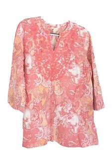 CHARTER CLUB LUXURY LINEN Size XL 3/4 SLEEVE TUNIC TOP BOHO BREATHABLE Pink & 🍑