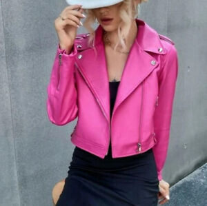 New Women's Pink Genuine Leather Jacket Crop Club Wear Fashion Coat Jacket