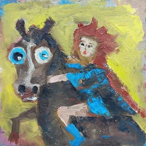 Horse rider oil painting handmade fun original artwork, cowboy cowgirl 8x8" - Picture 1 of 4