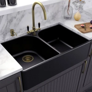 LSC Butler 795 2.0 Bowl Matt Black Ceramic Kitchen Sink & Bronze Waste - Picture 1 of 9