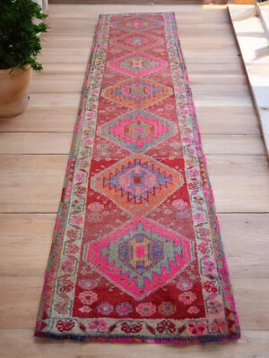 Alfombra de corredor turca, alfombra hecha a mano, alfombra de lana tribal, alfombra étnica de corredor 3 x 11 pies Foto 1 de 4