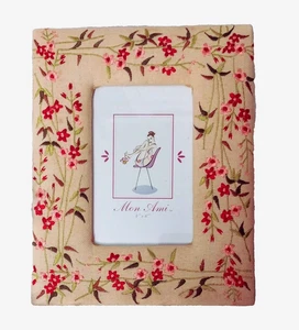 Mon Ami Fabric Embroidered Picture Frame for 4" x 6" Picture Floral On Burlap - Picture 1 of 3