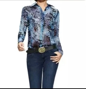 CAbi Womens Sz M Semi Sheer Blouse Shirt Blue/Purple/Black Snake Print - Picture 1 of 13