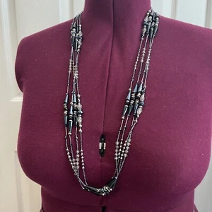Multistrand Faceted Glass Black Metallic Gunmetal Navy Rhinestone Bead Necklace - Picture 1 of 4