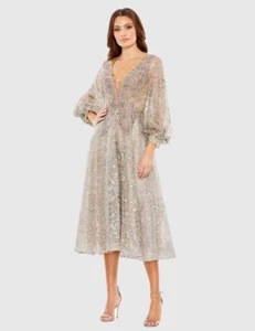 NWT Mac Duggal Embellished Plunge Neck Bishop Sleeve Dress Women's 16 GORGEOUS! - Picture 1 of 6