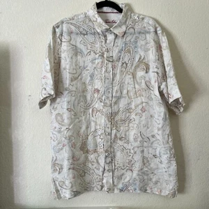 Tasso Elba Mens Large White Multi Paisley Print Linen Shirt Short Sleeve Casual - Picture 1 of 8