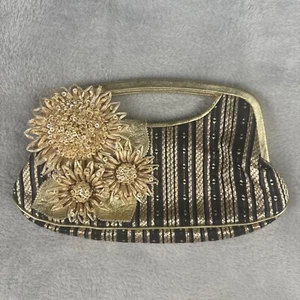 Isabella Fiore Woven Black Beige Straw Flower Clutch Purse Handbag Bag - Picture 1 of 7