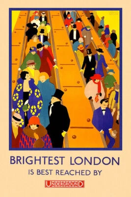VISIT BRIGHTEST LONDON ENGLAND TRAIN METRO ESCALATOR TRAVEL VINTAGE POSTER REPRO - Image 1 of 3
