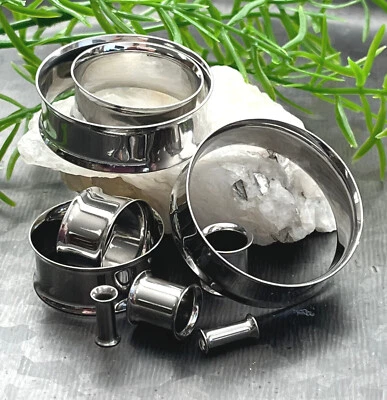 PAIR Solid 316L Surgical Steel Double Flare Tunnels Ear Plugs Earlets Gauges - Image 1 of 4