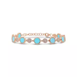 Turquoise Diamond Bracelet 14K Rose Gold Round Disc 3.75 TCW Womens - Picture 1 of 2