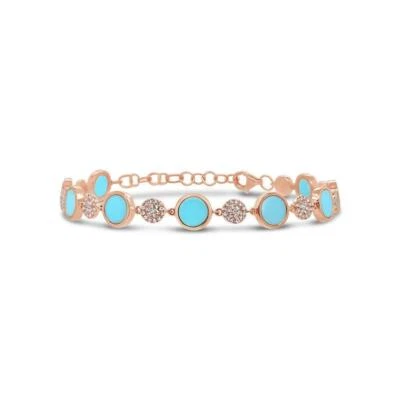 Turquoise Diamond Bracelet 14K Rose Gold Round Disc 3.75 TCW Womens - Image 1 of 2