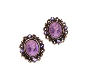 EARRINGS Posts Purple Rhinestone Accents Pretty Girl VIOLET PURPLE CAMEO - Picture 1 of 1