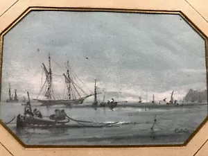 Composition mixte Paysage Marin Bateaux Peintre Officiel de la Marine ? signée - Bild 1 von 8