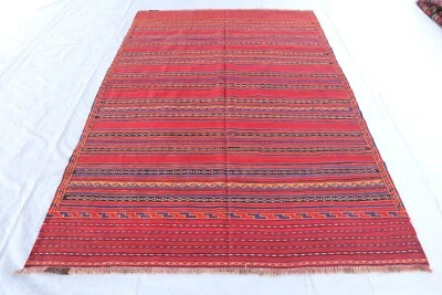 1960s Antique 5'5x7'10 ft Sumak Rug, Handwoven Rug, Oriental Striped Bedroom Rug - Image 1 of 4