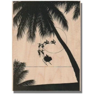 Rubber Stamp, SANTA & PALMS, Christmas Stamp, Ocean,Beach,Holiday, Flying Sleigh - Picture 1 of 2