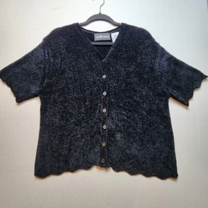Sag Hag Womens Cardigan Sweater Medium Black Button Cut-out Scalloped Edges - Picture 1 of 11