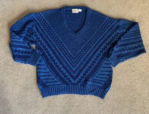VTG Mens Store Mens Sz M Tall Blue Dad V-neck Sweater Geometric Pattern 90s 80s - Picture 1 of 10