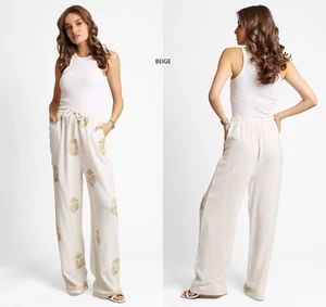 ComfyLuxe Mixed Pattern Embroidered Wide-Leg Linen Pants - Picture 1 of 9