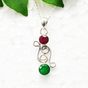 925 Sterling Silver Emerald & Ruby Necklace Handmade Jewelry Birthstone Necklace - Picture 1 of 5